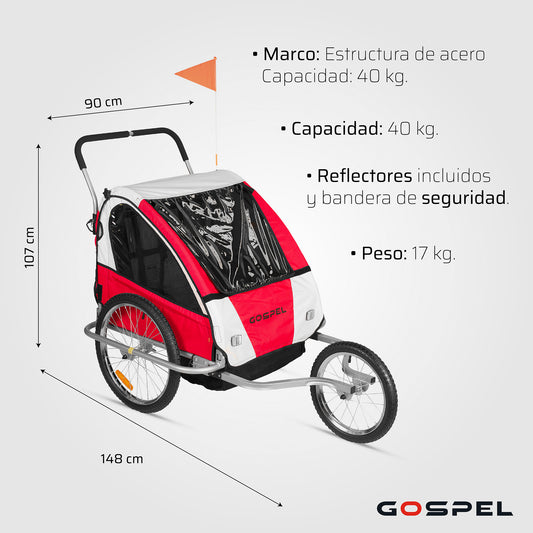 Remolque 2 en 1 para niños R20 trasera R16 delantera con banderin y reflejantes color rojo Gospel Z5O