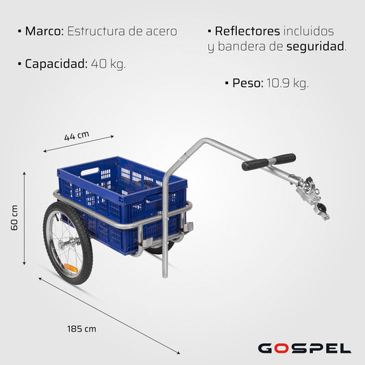 Remolque de carga con caja de plastico doblable para 40Kg o 45lts R16 con reflejantes 53x36x28 azul Gospel Z5O