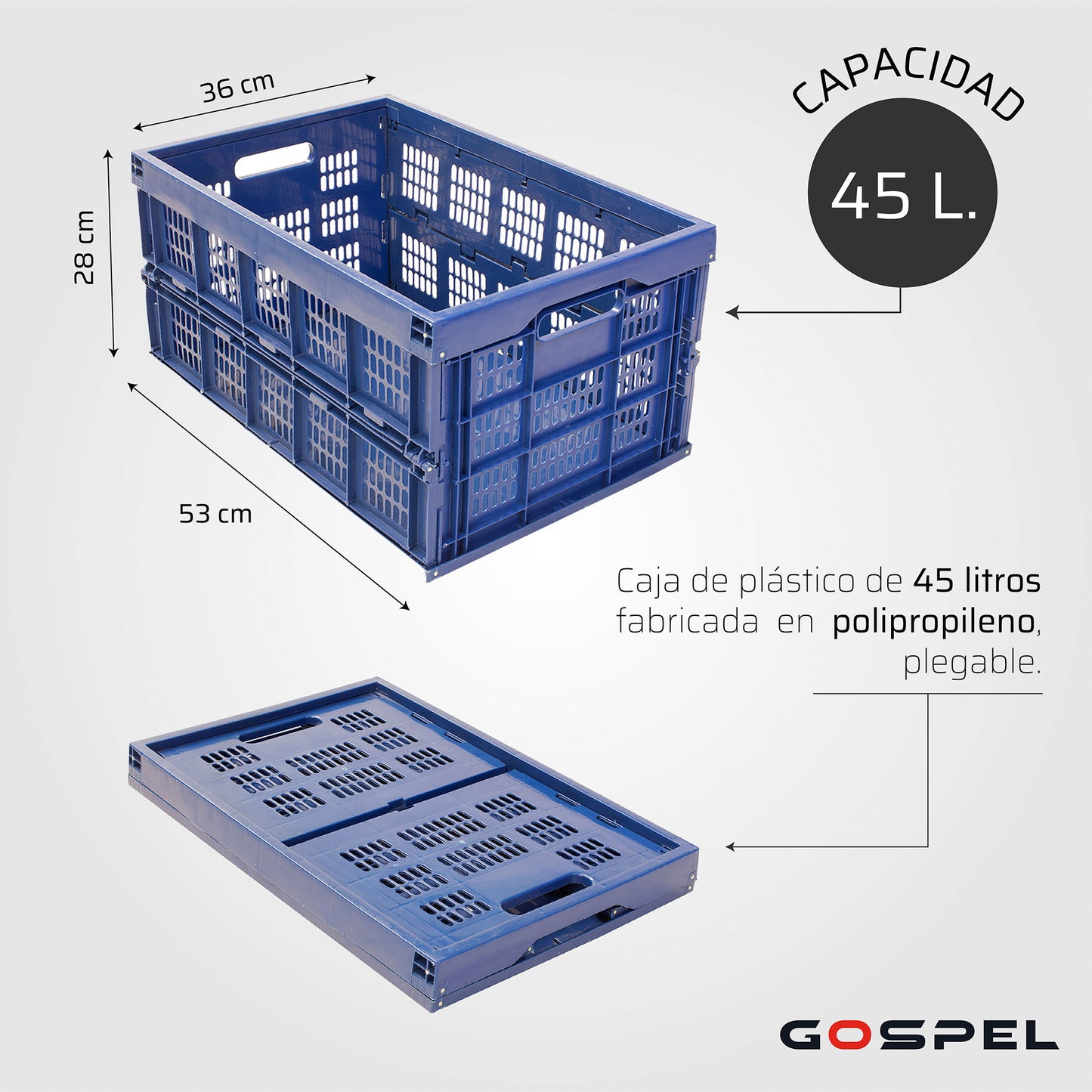 Remolque de carga con caja de plastico doblable para 40Kg o 45lts R16 con reflejantes 53x36x28 azul Gospel Z5O