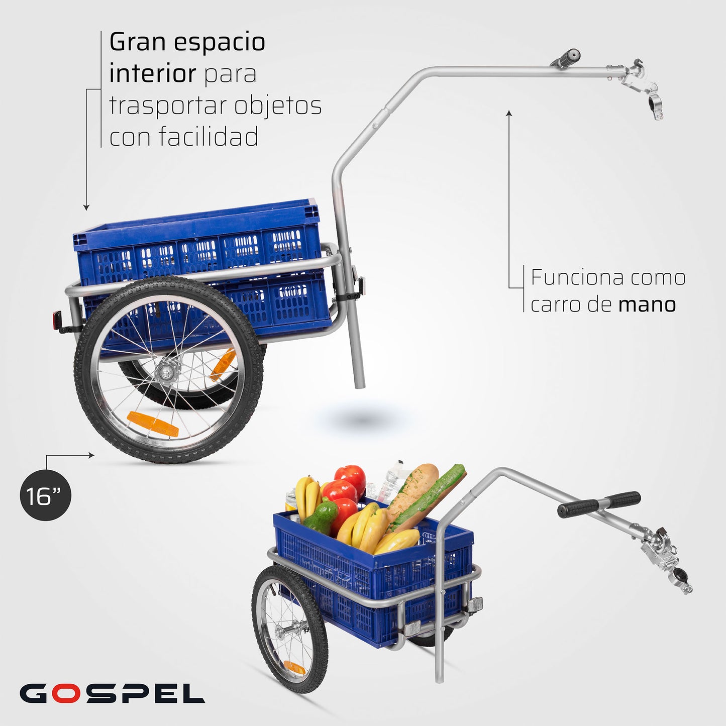 Remolque de carga con caja de plastico doblable para 40Kg o 45lts R16 con reflejantes 53x36x28 azul Gospel Z5O