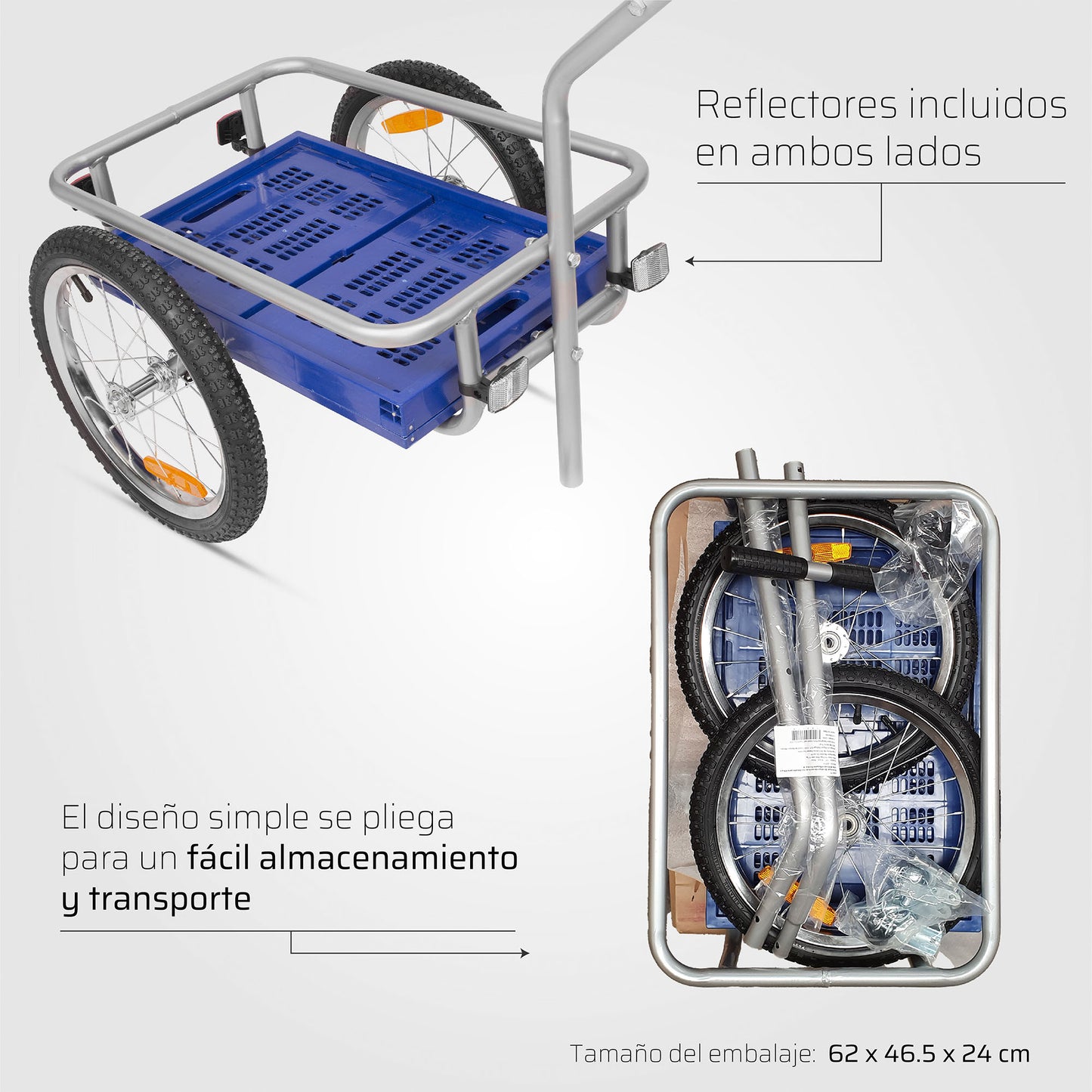 Remolque de carga con caja de plastico doblable para 40Kg o 45lts R16 con reflejantes 53x36x28 azul Gospel Z5O