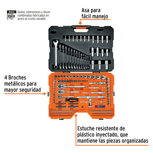 TRUPER Juego 210 herramientas 1/4, 3/8 y 1/2 pulgadas std y mm p/mecánico