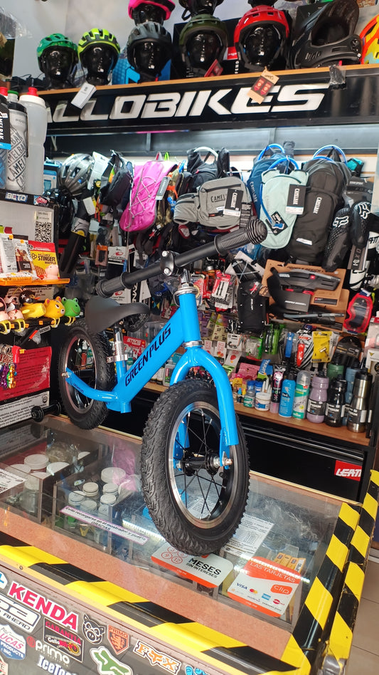 Bicicleta de balance, rodado 12 green plus acero azul