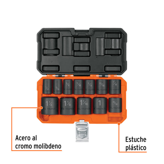 TRUPER Juego de 12 dados cuadro 1/2 pulgadas de impacto 6 puntas std