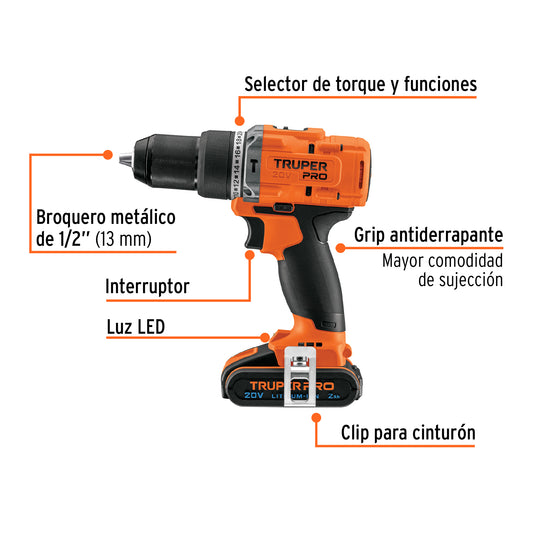 TRUPER Rotomartillo/destornillador 1/2 pulgadas 20V con 2 baterías 2Ah PRO