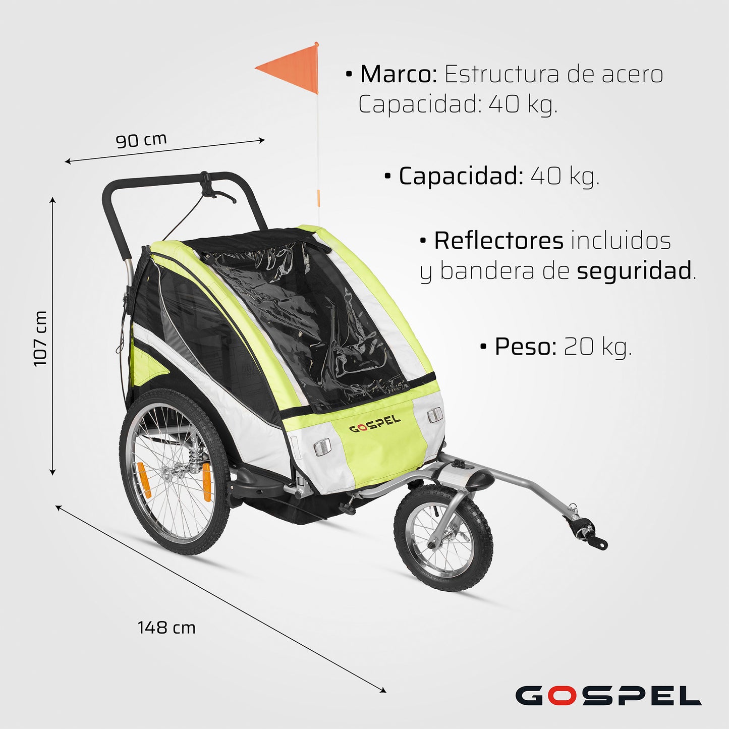 Remolque con suspension 2 en 1 para niños R20 trasera R12 delantera giratoria con banderin verde Gospel    Z5O