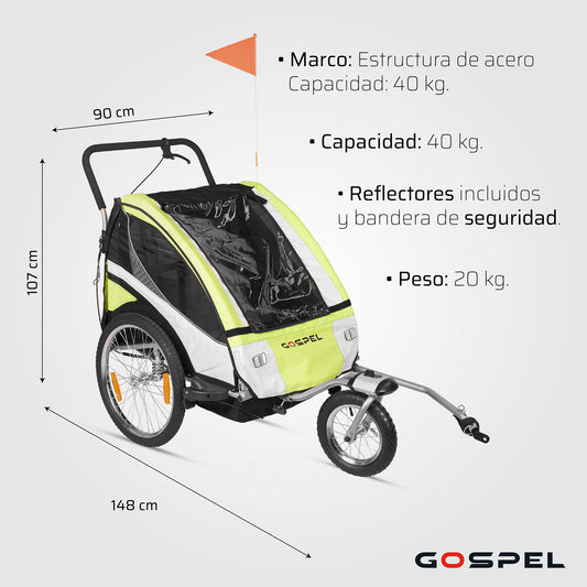 Remolque con suspension 2 en 1 para niños R20 trasera R12 delantera giratoria con banderin verde Gospel    Z5O