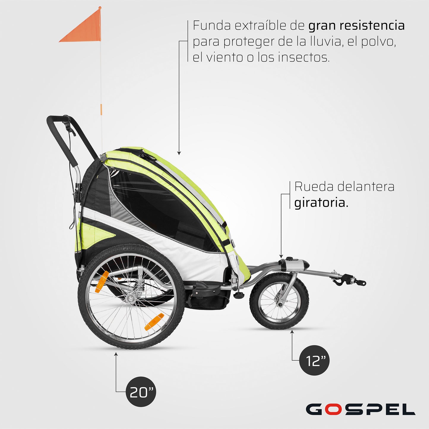 Remolque con suspension 2 en 1 para niños R20 trasera R12 delantera giratoria con banderin verde Gospel    Z5O