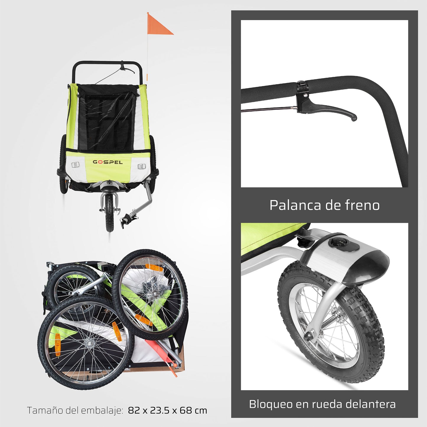 Remolque con suspension 2 en 1 para niños R20 trasera R12 delantera giratoria con banderin verde Gospel    Z5O