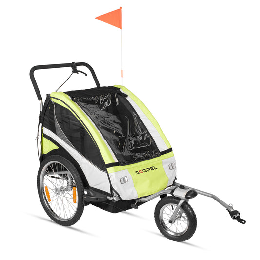 Remolque con suspension 2 en 1 para niños R20 trasera R12 delantera giratoria con banderin verde Gospel    Z5O
