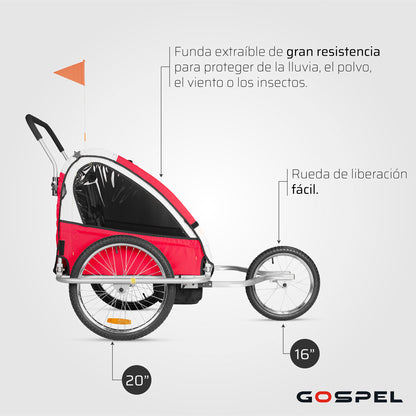 Remolque 2 en 1 para niños R20 trasera R16 delantera con banderin y reflejantes color rojo Gospel       Z5O