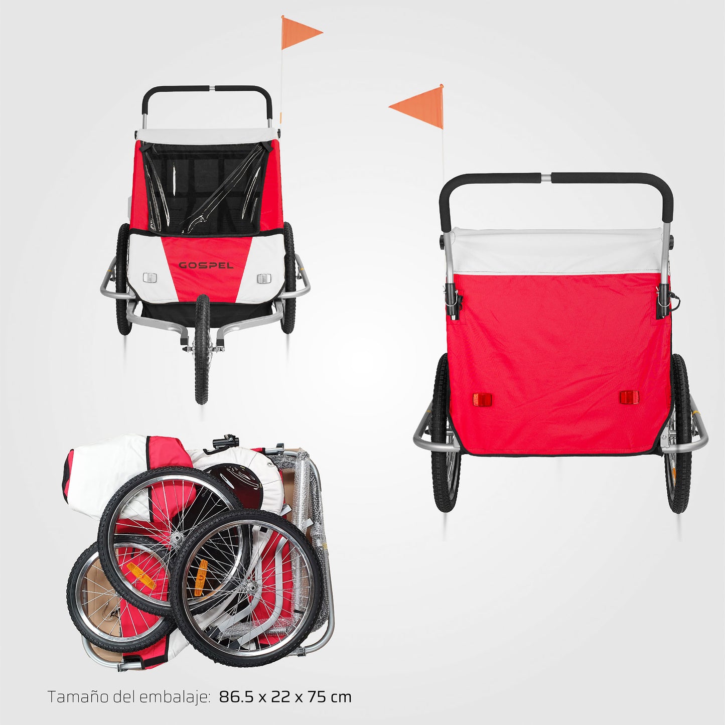Remolque 2 en 1 para niños R20 trasera R16 delantera con banderin y reflejantes color rojo Gospel       Z5O