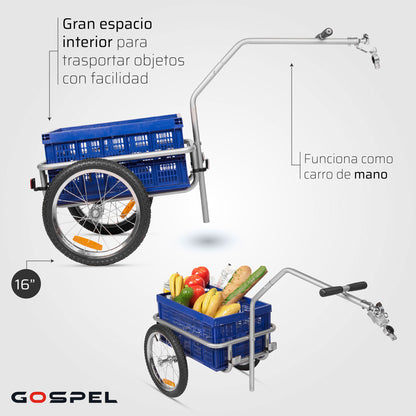 Remolque de carga con caja de plastico doblable para 40Kg o 45lts R16 con reflejantes 53x36x28 azul Gospel    Z5O