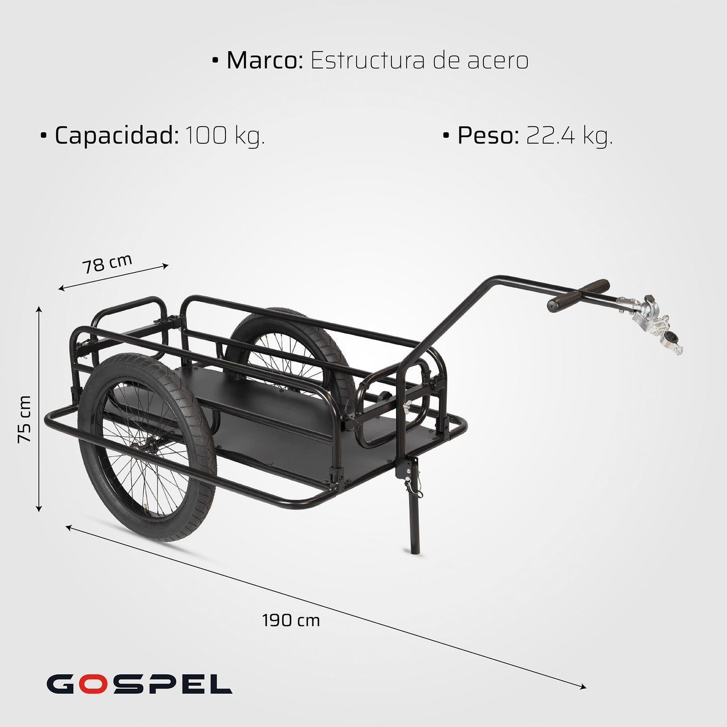 Remolque de carga para 100kg R20 x 3.0 con quick release y parador 106 x 46 x 25 Gospel   Z5O