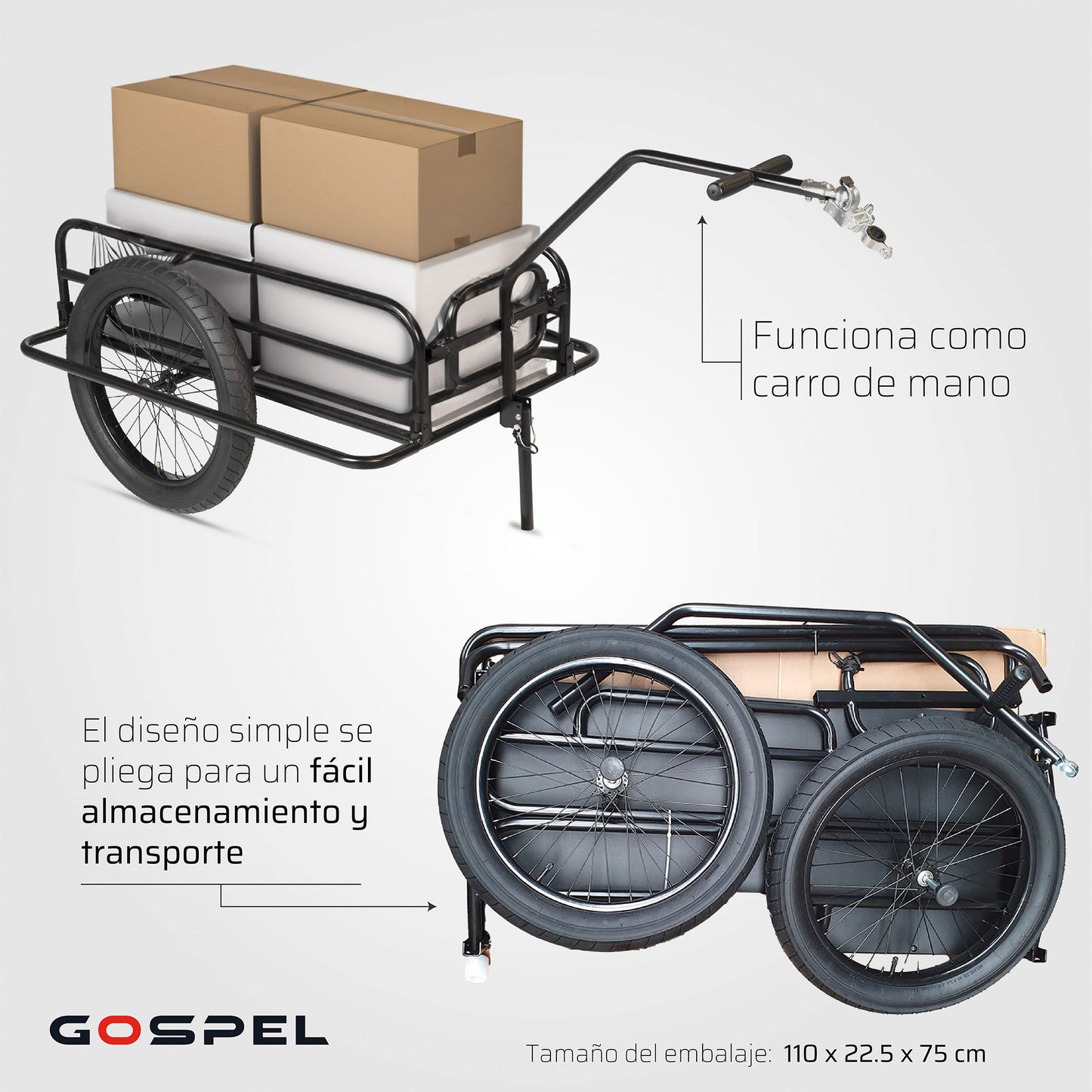 Remolque de carga para 100kg R20 x 3.0 con quick release y parador 106 x 46 x 25 Gospel   Z5O