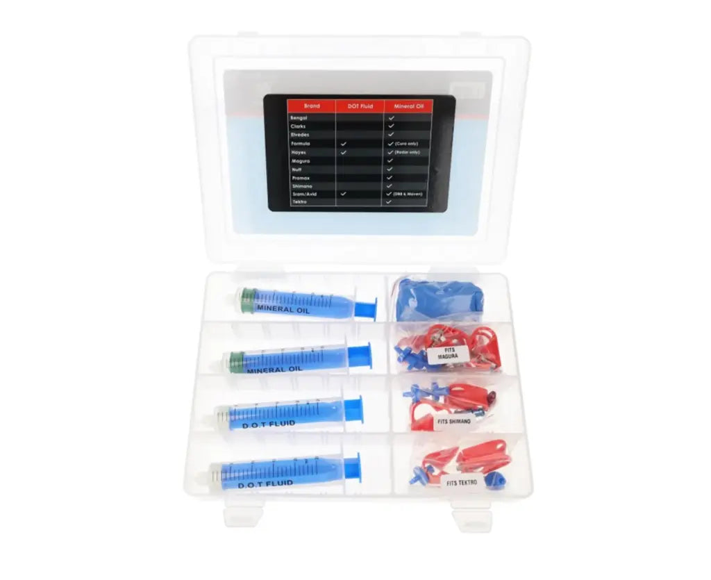 KIT DE PURGADO PARA LÍQUIDO MINERAL Y DOT INCLUYE ADAPTADORES PARA SHIMANO MAGURA SRAM Y TEKTRO ELVEDES