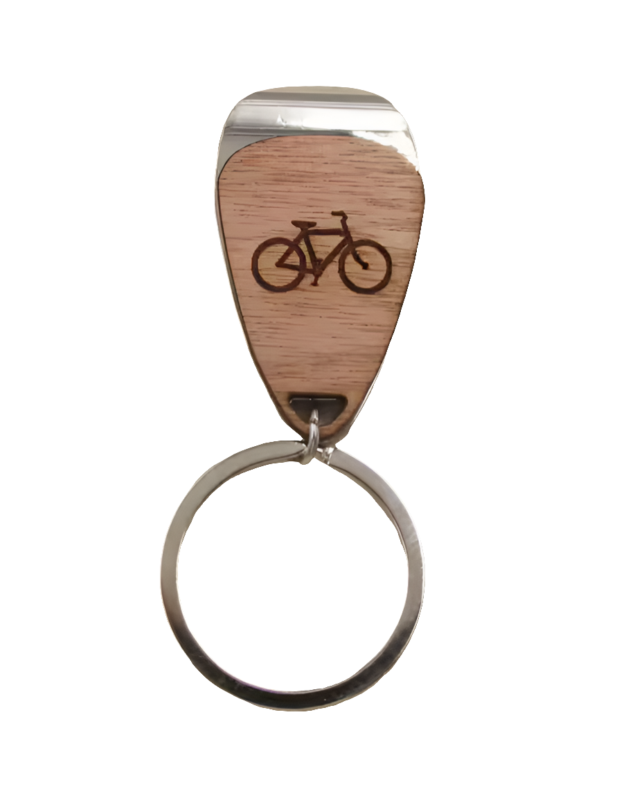 Llavero de bici de acero y madera, destapador de corcholata