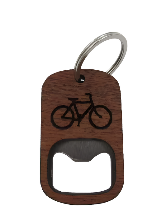 Llavero de bici de acero y madera, destapador de corcholata