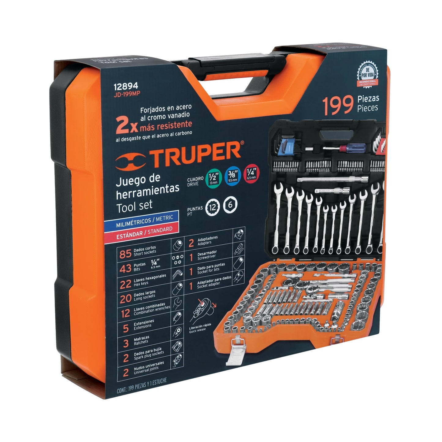 TRUPER Juego 199 herramientas 1/4 3/8 y 1/2 pulgadas  std y mm p/mecánico