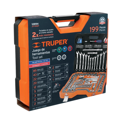 TRUPER Juego 199 herramientas 1/4 3/8 y 1/2 pulgadas  std y mm p/mecánico