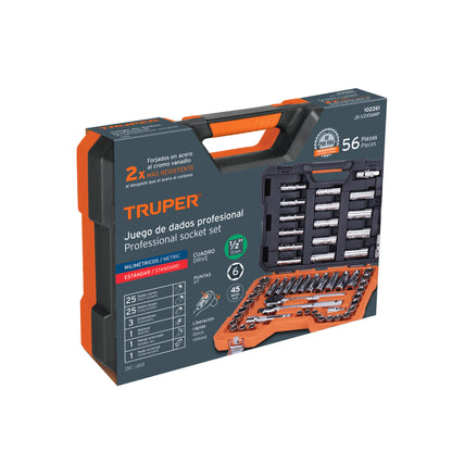 TRUPER Juego de 56 herramientas cuadro 1/2 pulgadas std y mm para mecánico