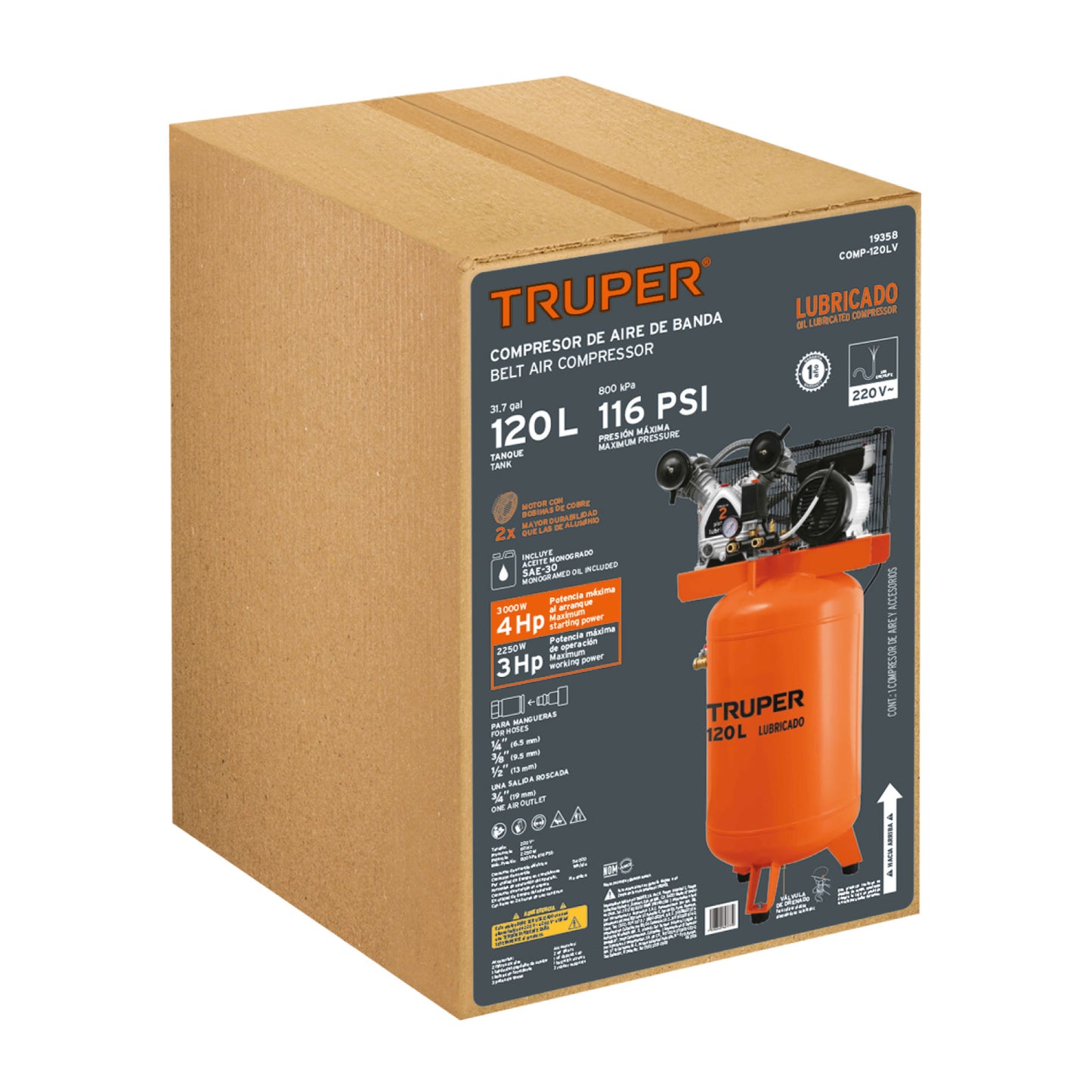 TRUPER Compresor lubricado de banda 120L 4HP vertical 220V