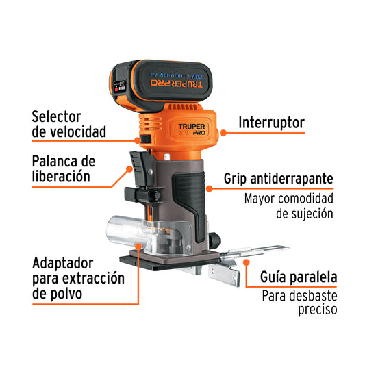 TRUPER PRO Router Rebajadora 1/4pulgadas 1 batería 4 Ah