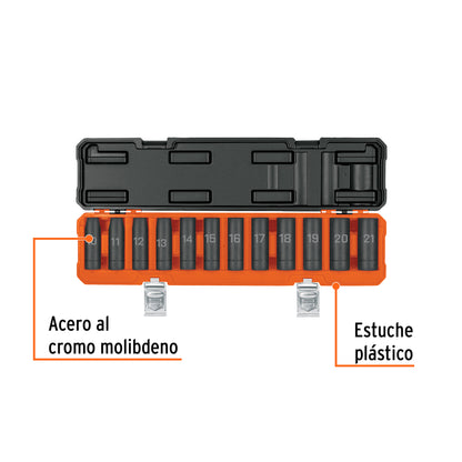 TRUPER Juego de 12 dados largos de impacto cuadro 1/2pulgadas, 6 puntas mm
