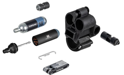 Kit topeak multi herramienta, parches tubeless y boquilla con tanque de CO2