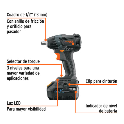 TRUPER Llave de impacto 1/2pulgadas 20V 155 lb/ft 1 batería 4Ah MAX