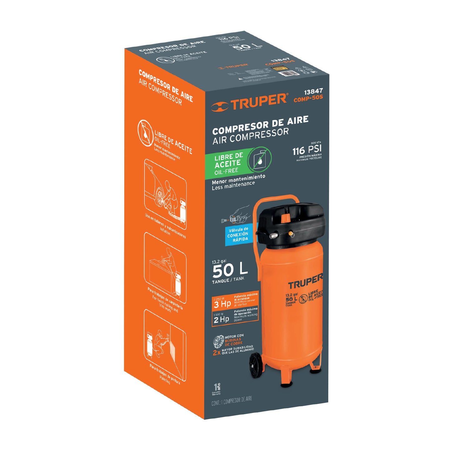 TRUPER Compresor libre de aceite 50L 3HP vertical 127V