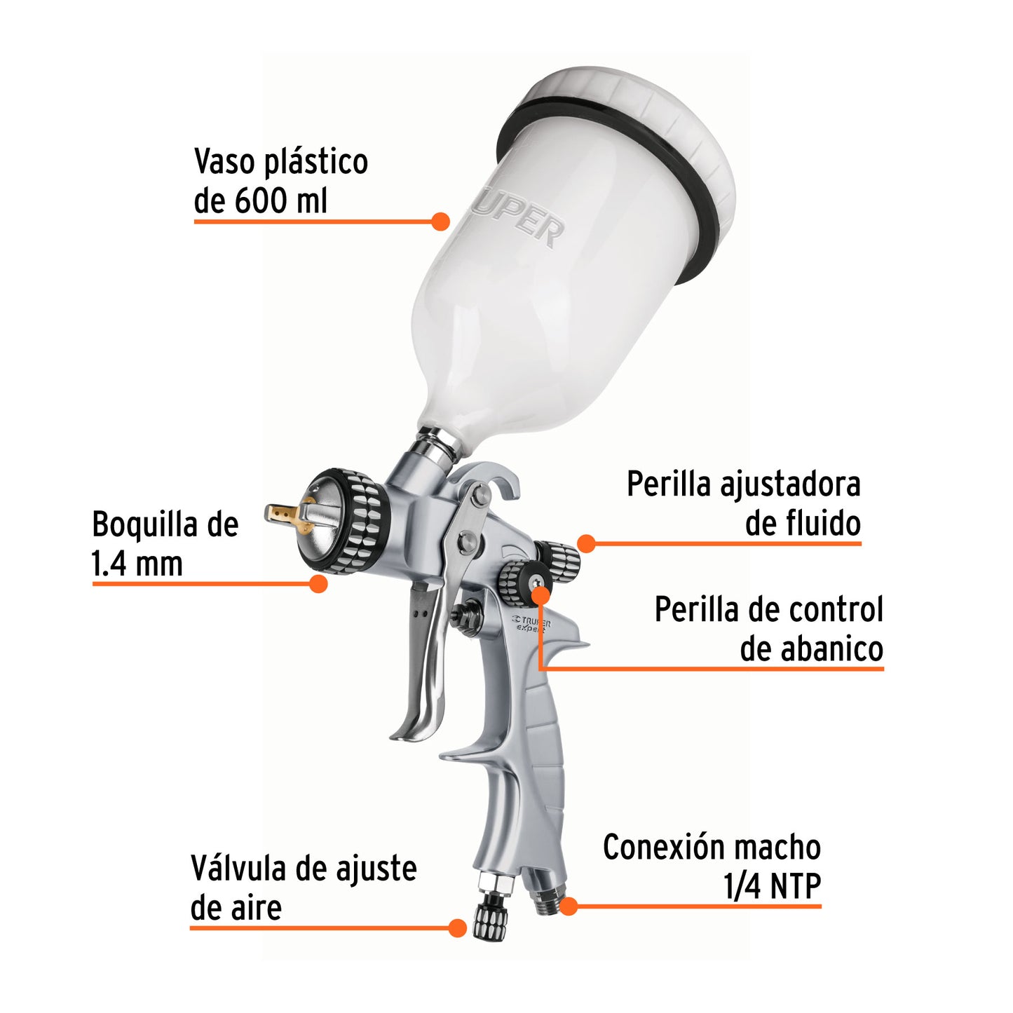 TRUPER Pistola p/pintar gravedad HVLP vaso plástico 1.4 mm, EXPERT