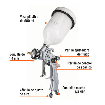 TRUPER Pistola p/pintar gravedad HVLP vaso plástico 1.4 mm, EXPERT