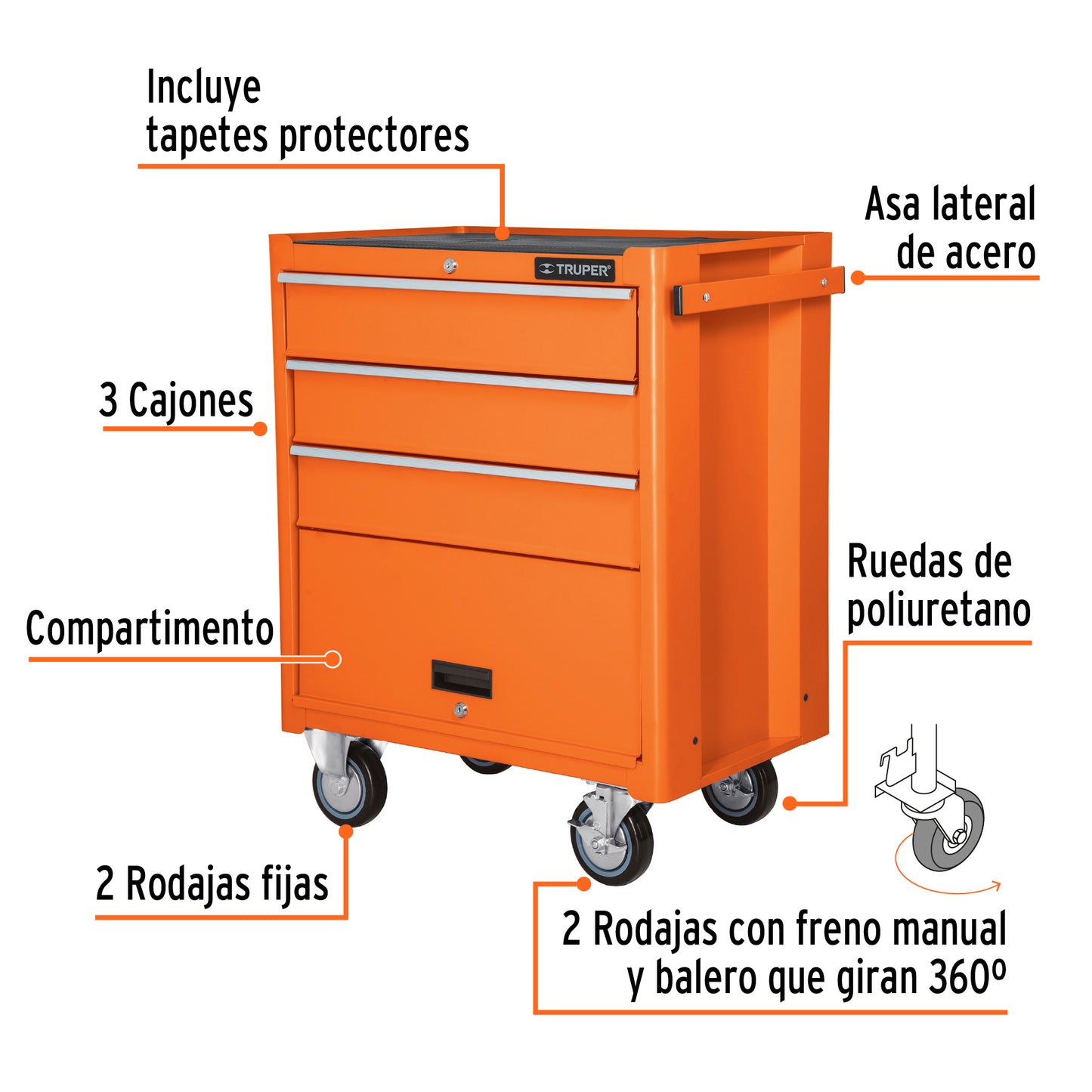TRUPER Gabinete metálico móvil 4 cajones capacidad 90 kg