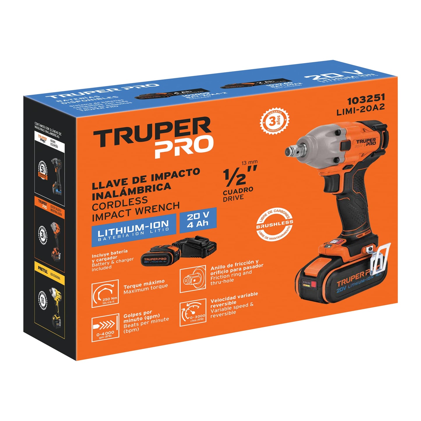 TRUPER Llave de impacto 1/2 pulgadas de 20V y 184 con 1 batería 4Ah PRO
