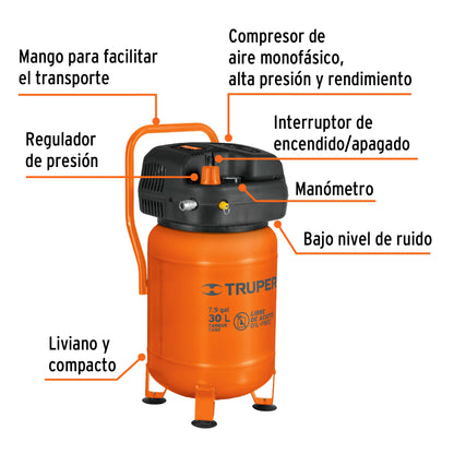 TRUPER Compresor libre de aceite 30L 3HP vertical 127V