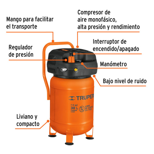 TRUPER Compresor libre de aceite 30L 3HP vertical 127V