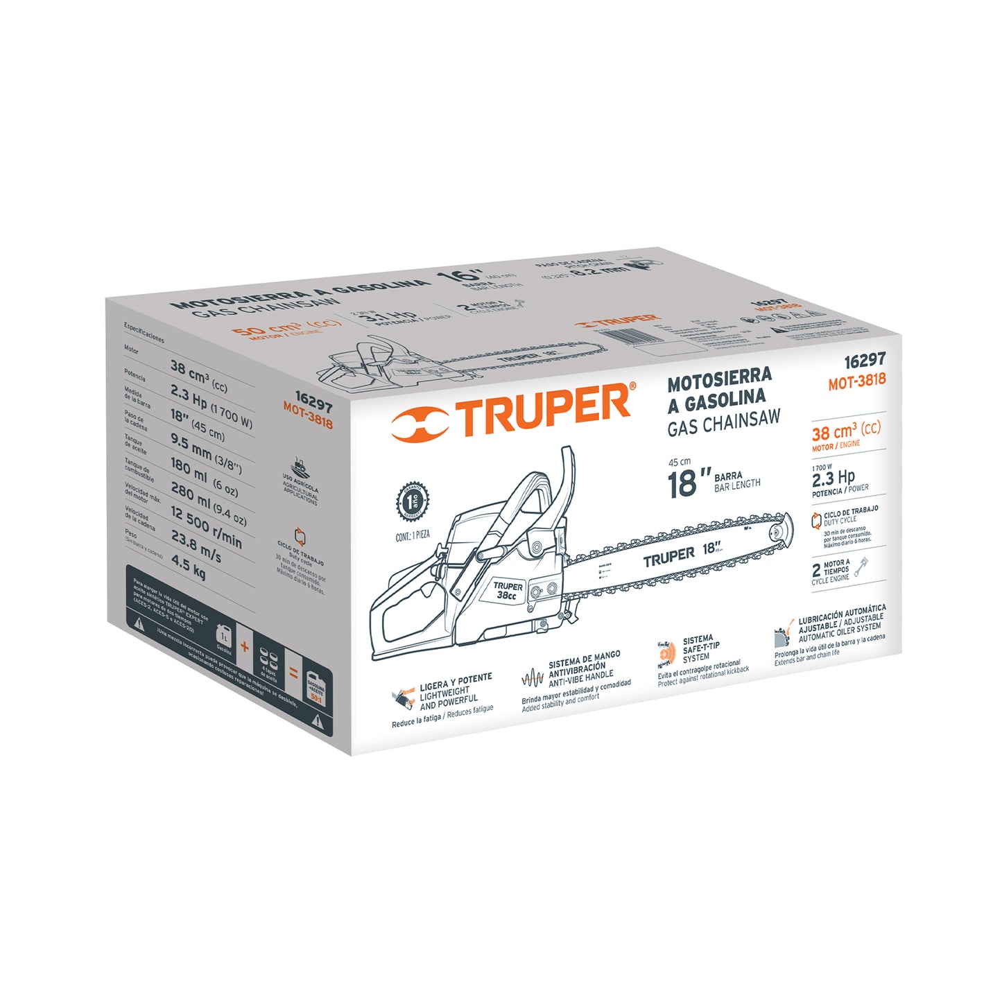 TRUPER Motosierra 38 cc a gasolina con barra de 18 pulgadas