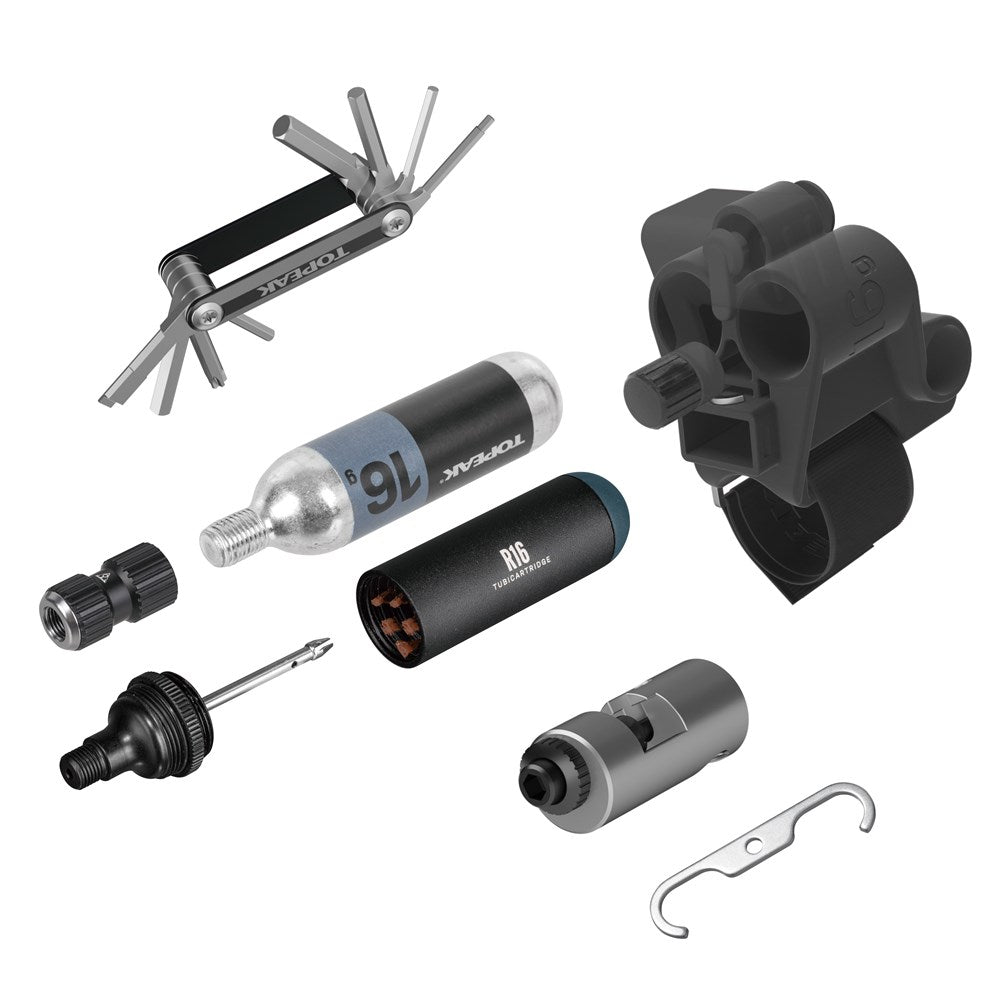 Kit topeak multi herramienta, parches tubeless y boquilla con tanque de CO2
