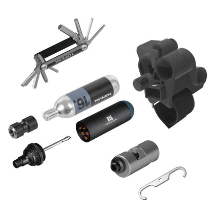 Kit topeak multi herramienta, parches tubeless y boquilla con tanque de CO2