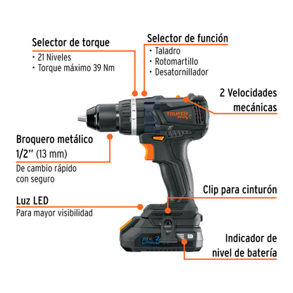 TRUPER Rotomartillo 1/2pulhadas  20V 2 baterías 2Ah MAX