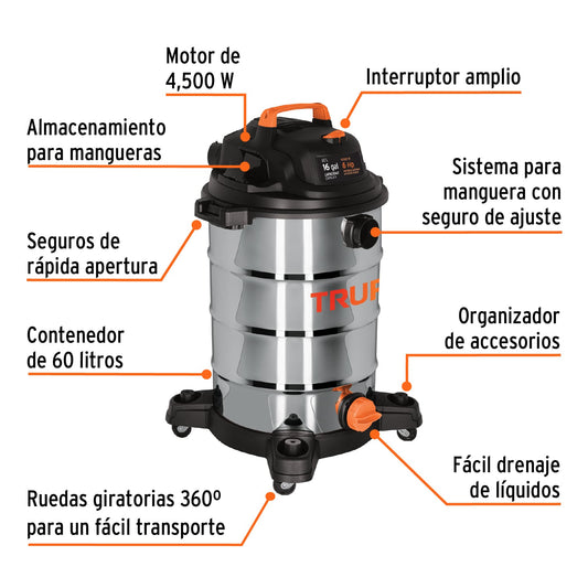 TRUPER Aspiradora de sólidos y líquidos 16 gal acero inox