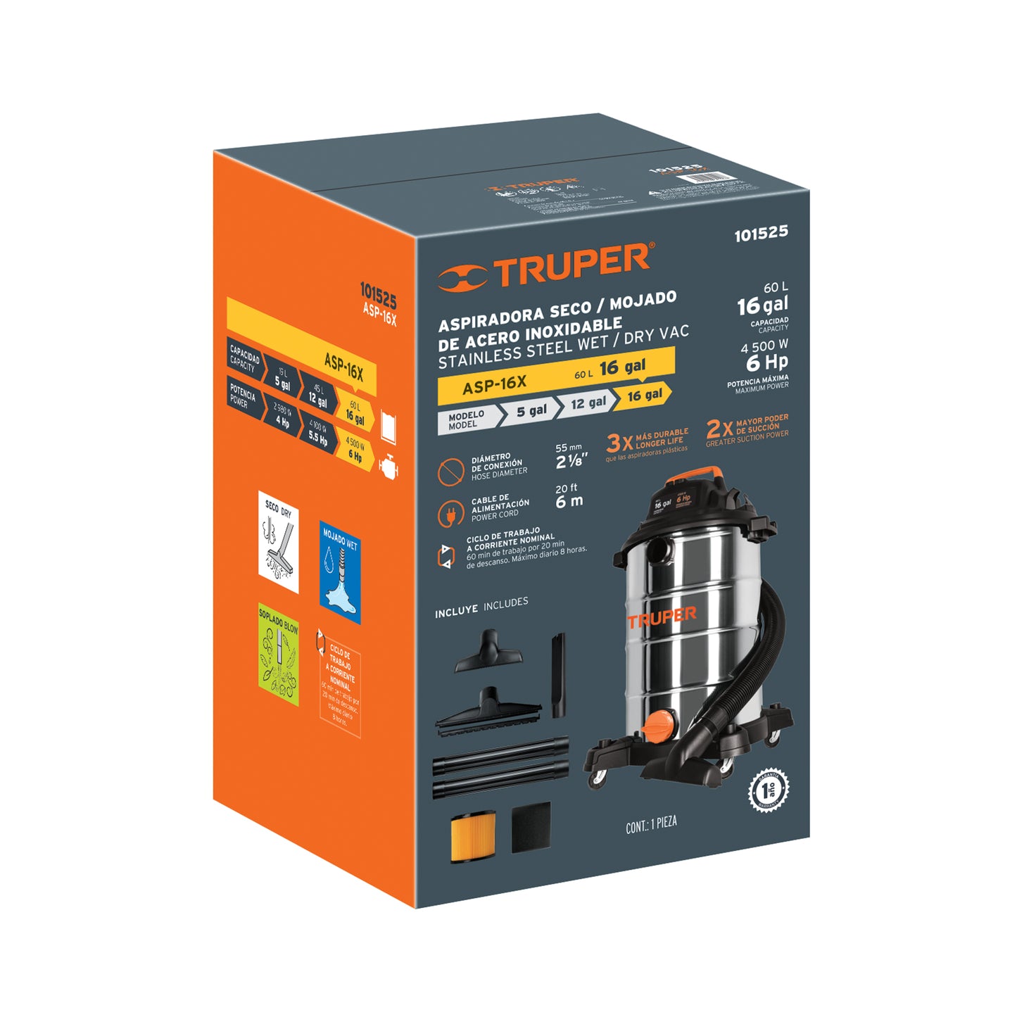 TRUPER Aspiradora de sólidos y líquidos 16 gal acero inox