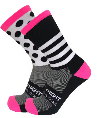 Calcetas para ciclismo negro-rosa rayas y motitas