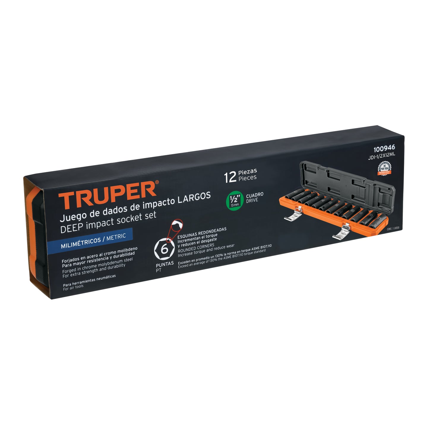 TRUPER Juego de 12 dados largos de impacto cuadro 1/2pulgadas, 6 puntas mm