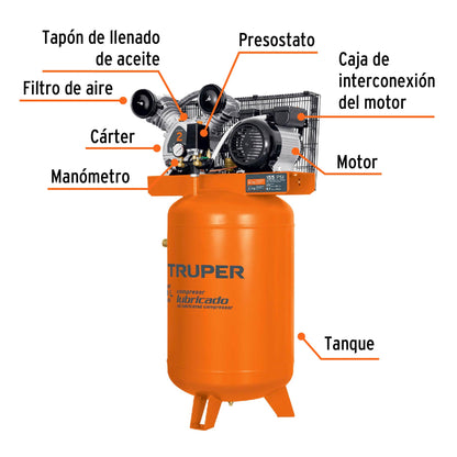 TRUPER Compresor lubricado de banda 120L 4HP vertical 220V