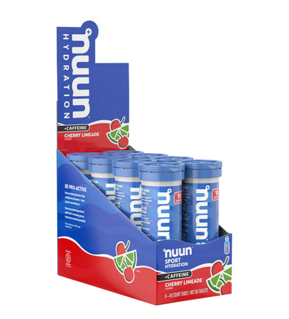 Nuun electrolitos diluible en agua, sabor limonada de cereza + cafeína caja 8 tubos de 10pz c/u