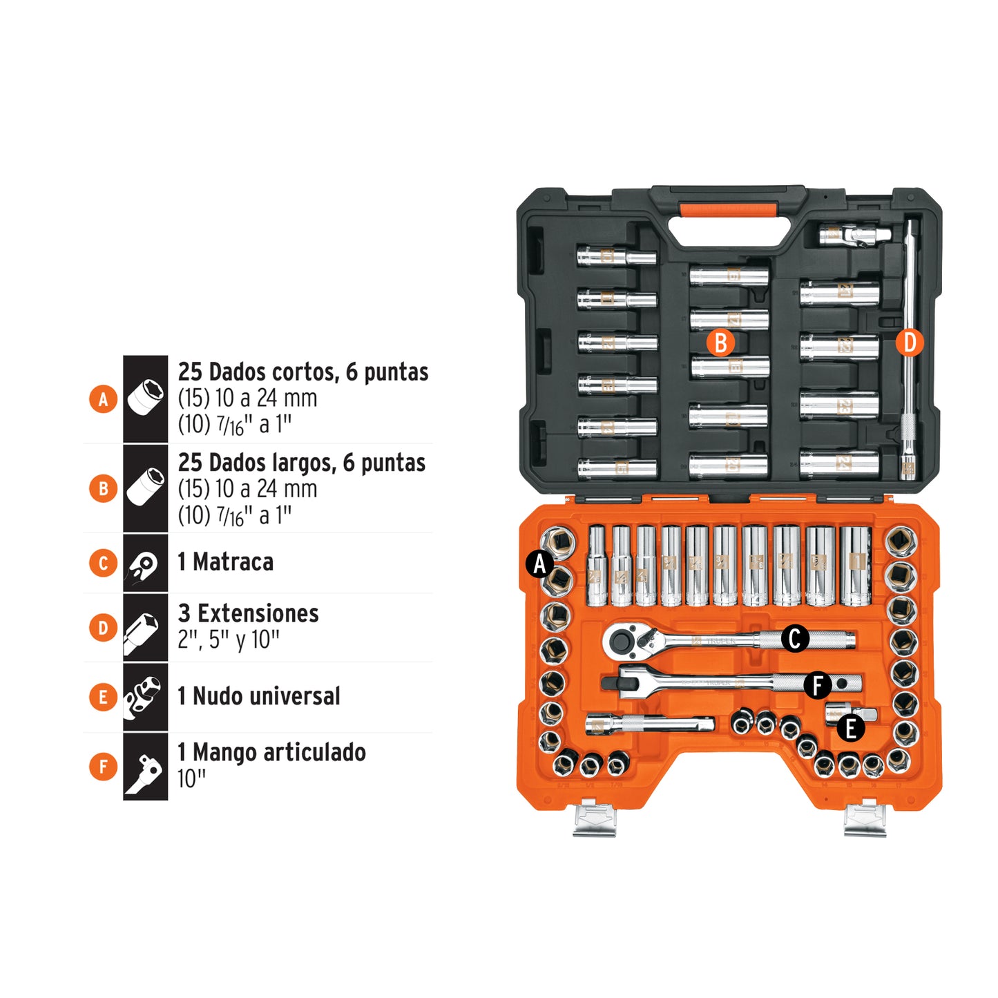 TRUPER Juego de 56 herramientas cuadro 1/2 pulgadas std y mm para mecánico