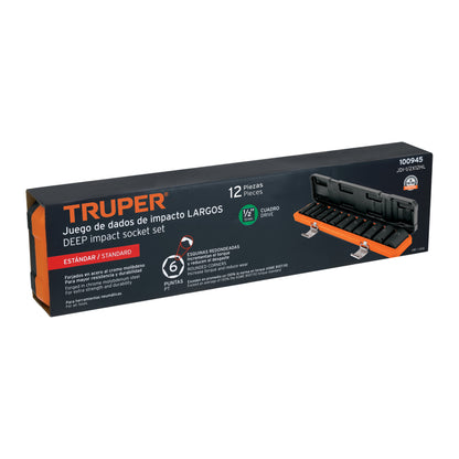 TRUPER Juego de 12 dados largos cuadro 1/2pulgadas de impacto 6 puntas std