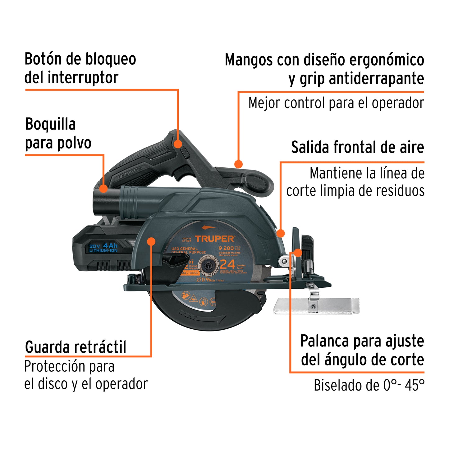 TRUPER Sierra circular 6-1/2 pulgadas 20V con 1 batería 4Ah MAX